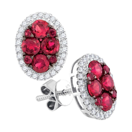 14k White Gold Round Ruby Diamond Oval Earrings 1-1/2 Cttw