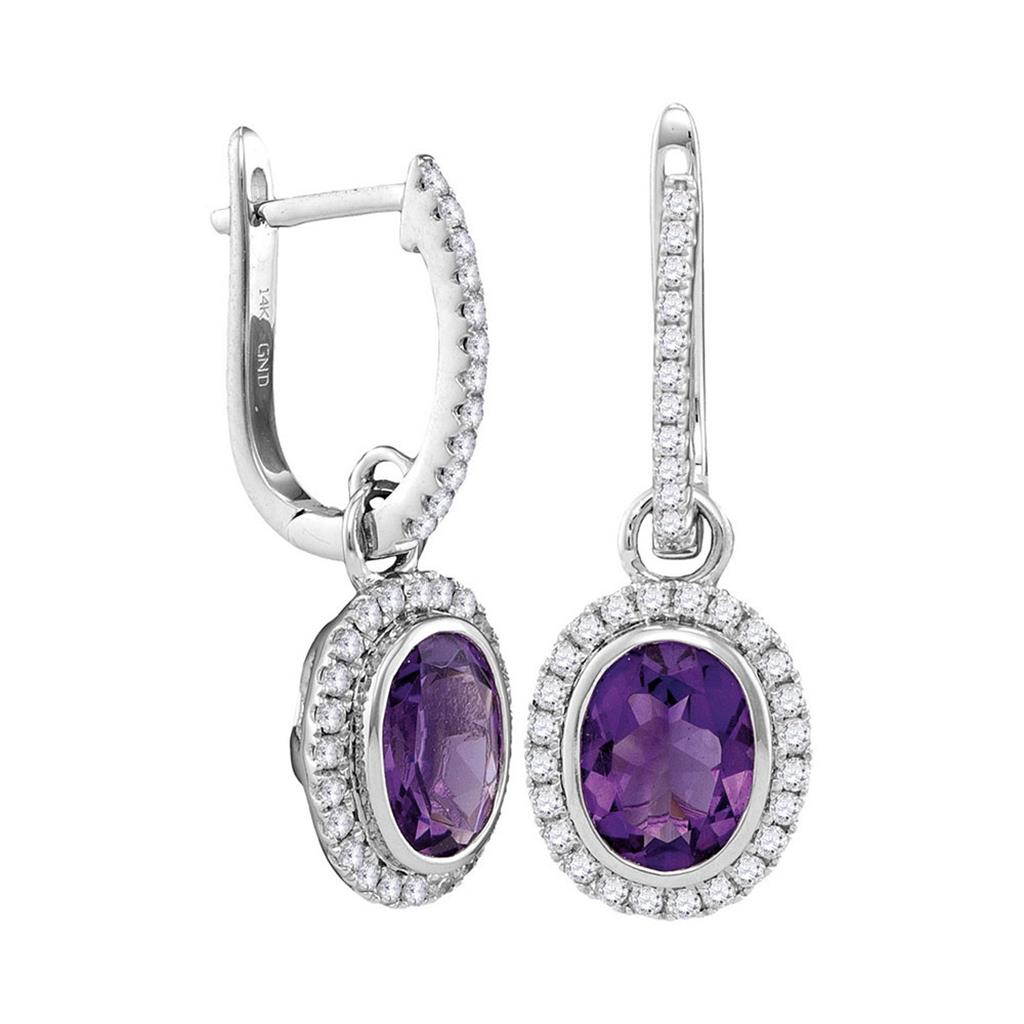 14k White Gold Round Natural Amethyst Diamond Oval Dangle Earrings 2-3/8 Cttw