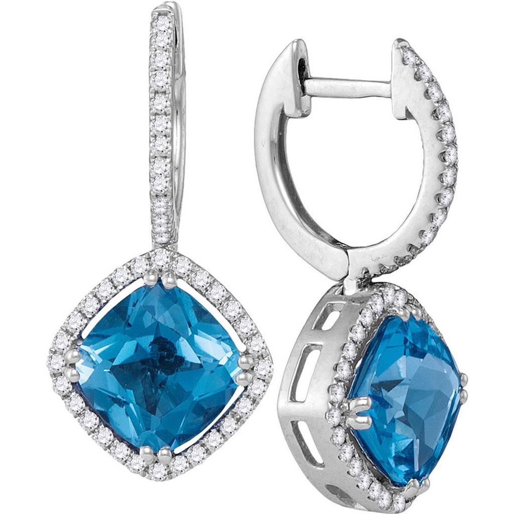 14k White Gold Cushion Natural Blue Topaz Diamond Dangle Earrings 5-1/2 Cttw