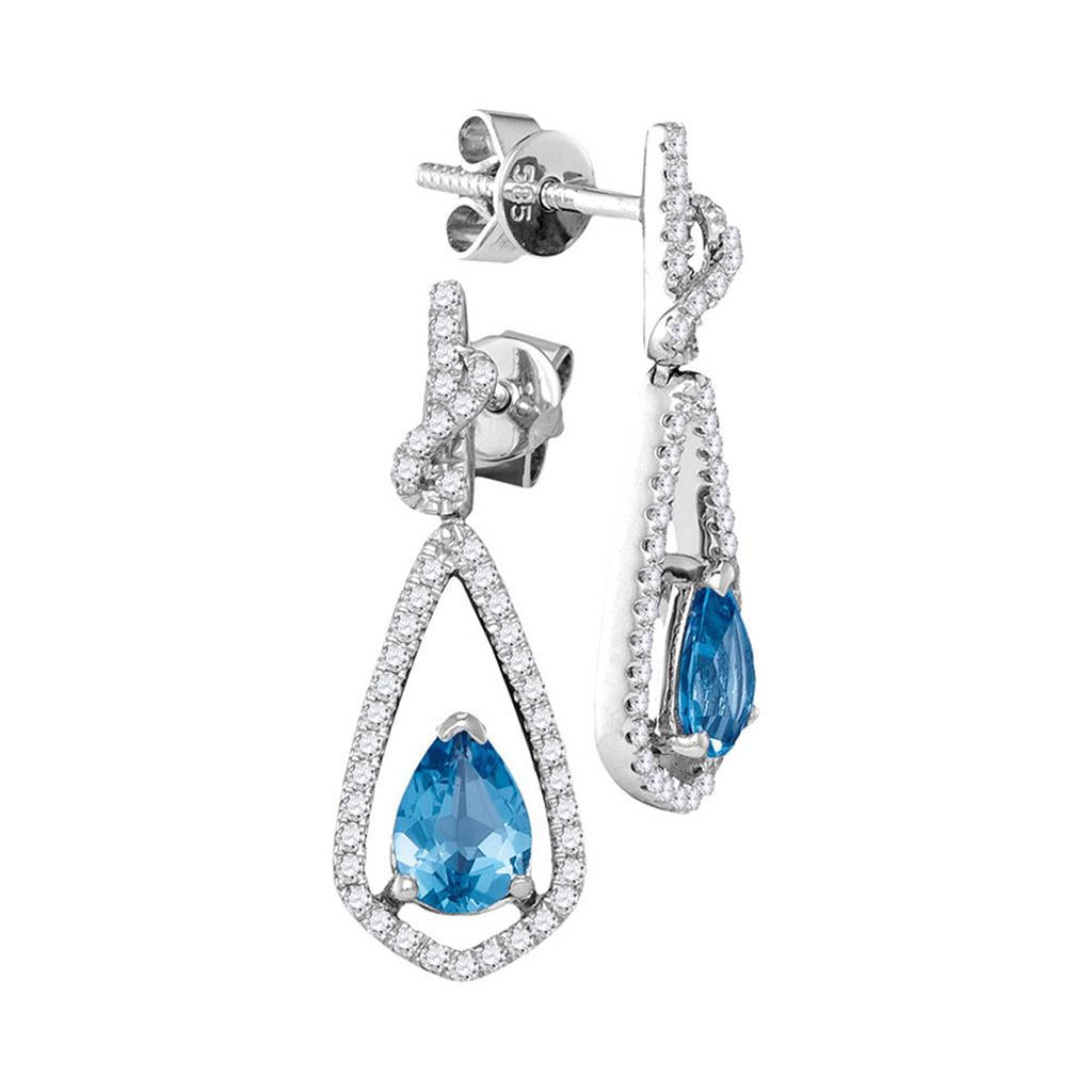 14k White Gold Pear Blue Topaz Teardrop Diamond Dangle Earrings 1/3 Cttw