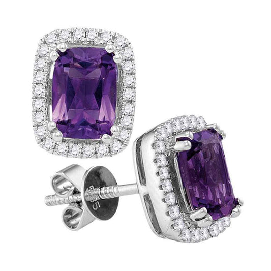 14k White Gold Oval Natural Amethyst Diamond Stud Earrings 1-7/8 Cttw