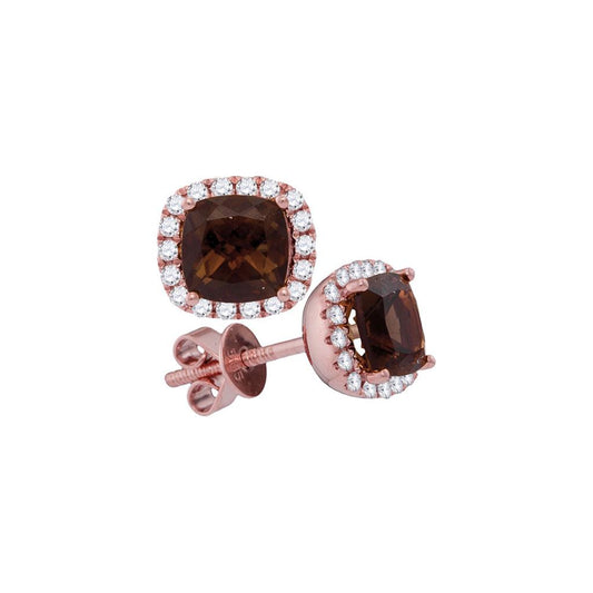 14k Rose Gold Cushion Smoky Quartz Diamond Stud Earrings 1 Cttw