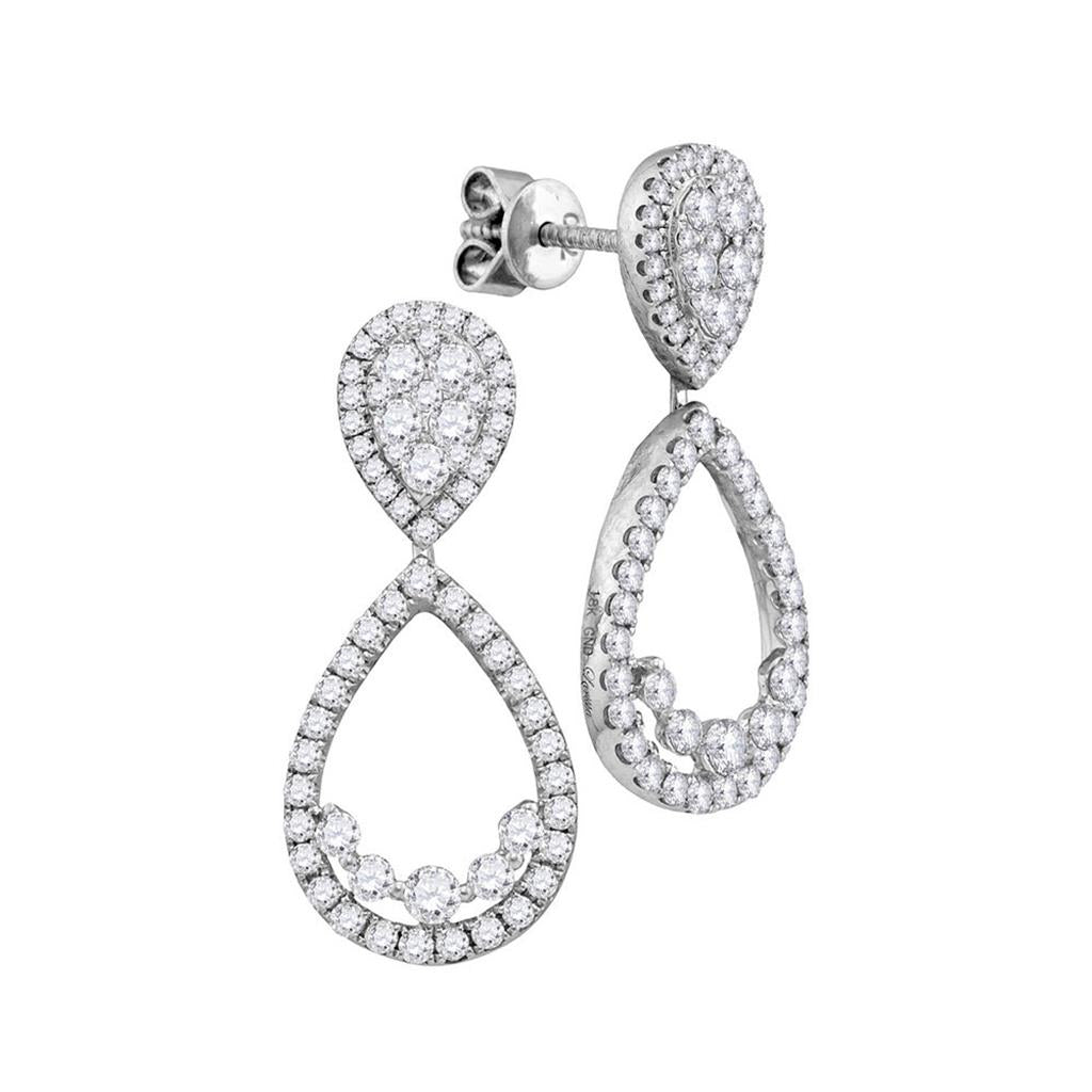 18k White Gold Round Diamond Convertible Teardrop Dangle Jacket Earrings 1-3/8 Cttw