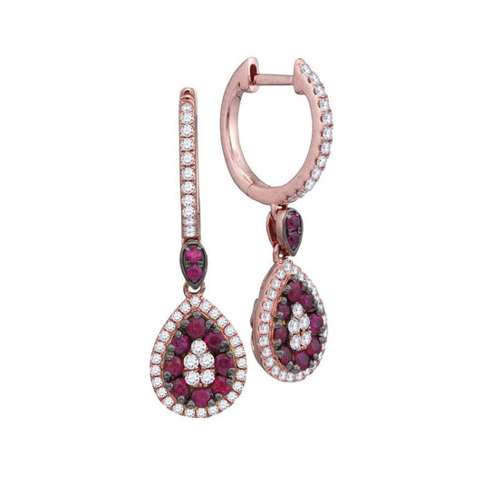 18k Rose Gold Round Ruby Diamond Teardrop Dangle Earrings 7/8 Cttw