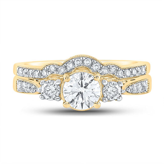 14k Yellow Gold Round Diamond 3-Stone Bridal Wedding Ring Set 1 Cttw