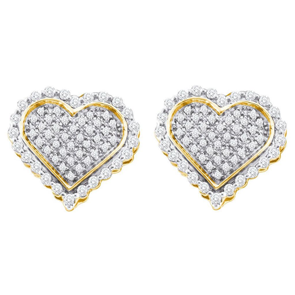 10k Yellow Gold Round Diamond Heart Cluster Stud Earrings 1/2 Cttw