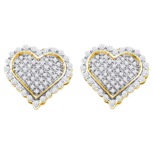 10k Yellow Gold Round Diamond Heart Cluster Stud Earrings 1/2 Cttw