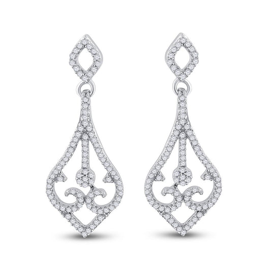 14k White Gold Round Diamond Scroll Teardrop Dangle Earrings 1/3 Cttw