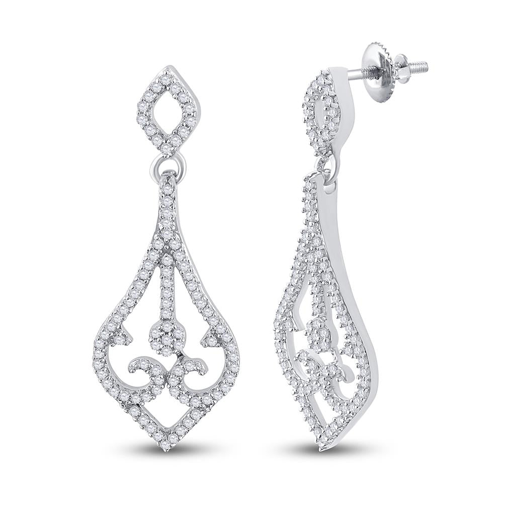 14k White Gold Round Diamond Scroll Teardrop Dangle Earrings 1/3 Cttw