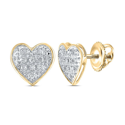 10k Yellow Gold Round Diamond Heart Cluster Stud Earrings 1/20 Cttw