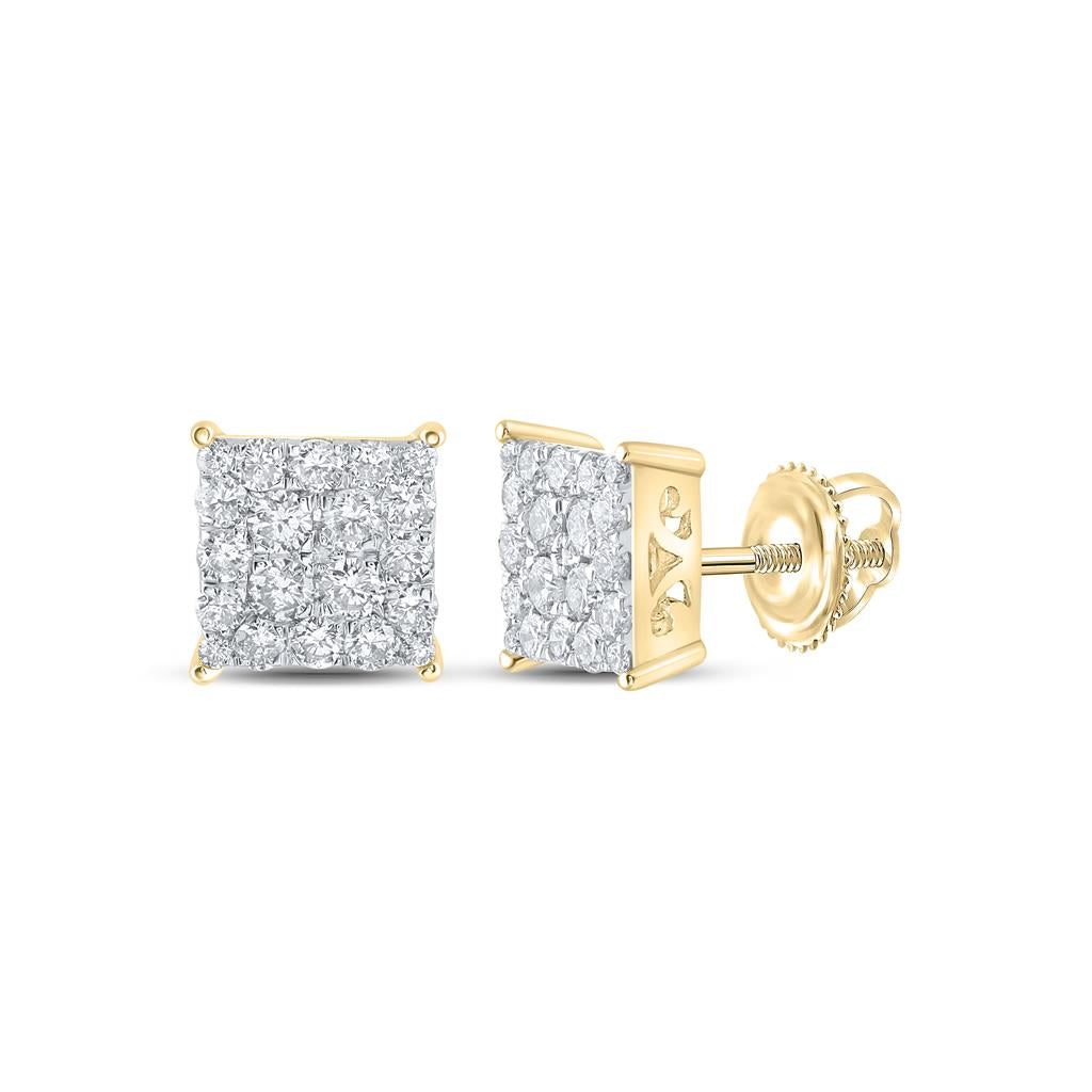 10k Yellow Gold Round Diamond Square Cluster Stud Earrings 1 Cttw