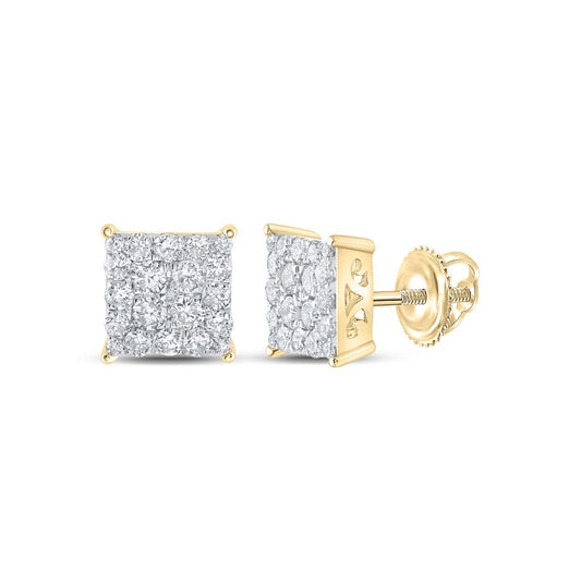 10k Yellow Gold Round Diamond Square Cluster Stud Earrings 1 Cttw