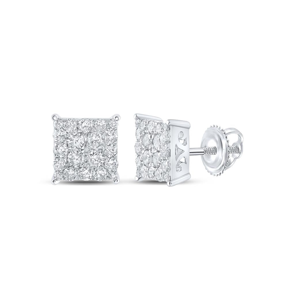 14k White Gold Round Diamond Square Cluster Stud Earrings 1 Cttw