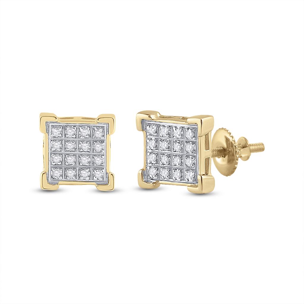 10k Yellow Gold Round Diamond Square Cluster Earrings 1/10 Cttw