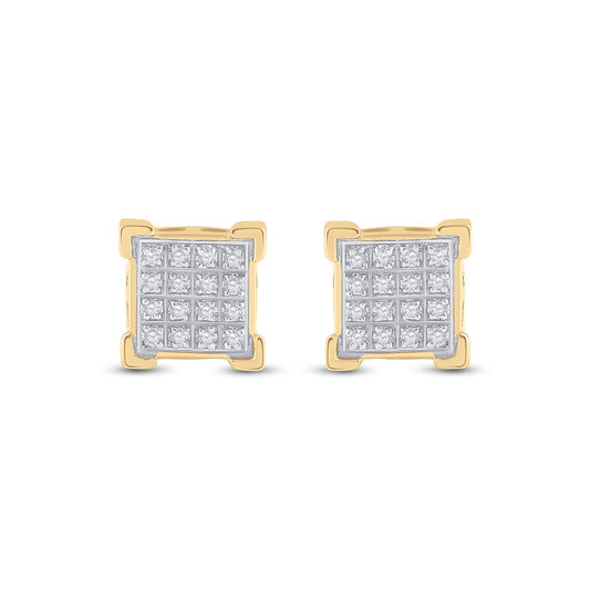 10k Yellow Gold Round Diamond Square Cluster Earrings 1/10 Cttw