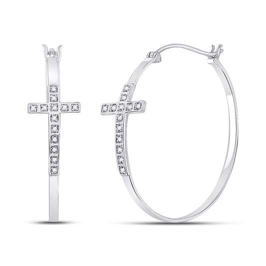 14k White Gold Round Diamond Cross Hoop Earrings 1/12 Cttw