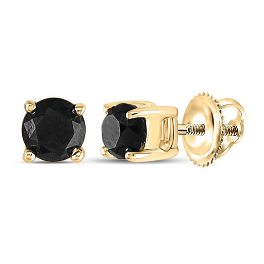 14k Yellow Gold Round Black Diamond Solitaire Stud Earrings 1/2 Cttw