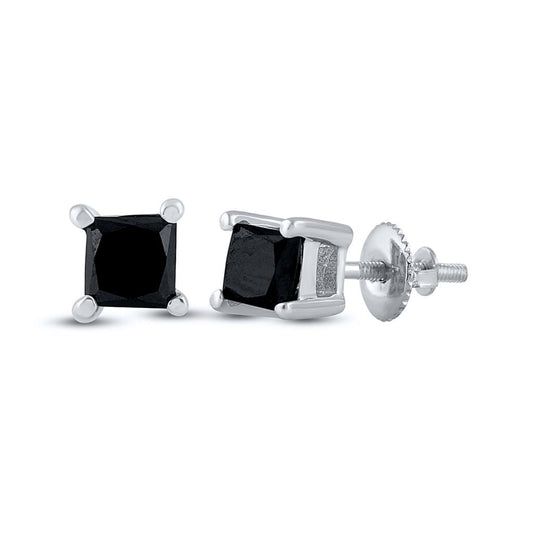 14k White Gold Princess Black Diamond Stud Earrings 1/2 Cttw