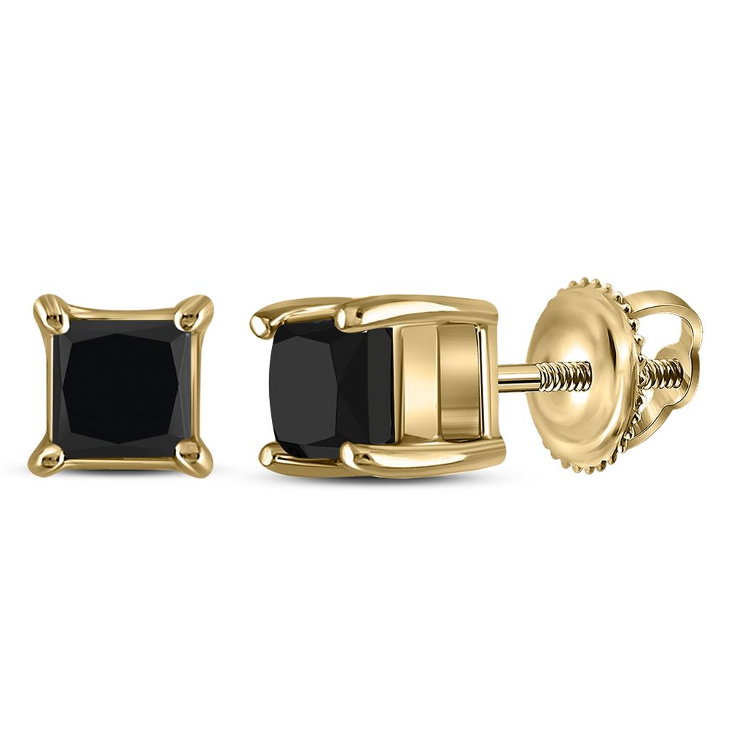 14k Yellow Gold Princess Black Diamond Stud Earrings 1 Cttw