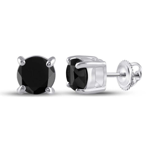 14k White Gold Round Black Diamond Stud Solitaire Earrings 1-1/2 Cttw