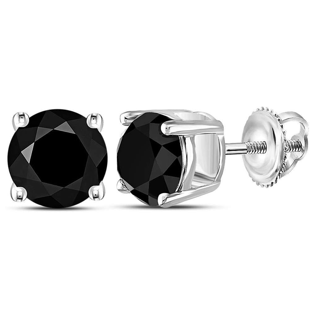 14k White Gold Round Black Diamond Solitaire Stud Earrings 4 Cttw