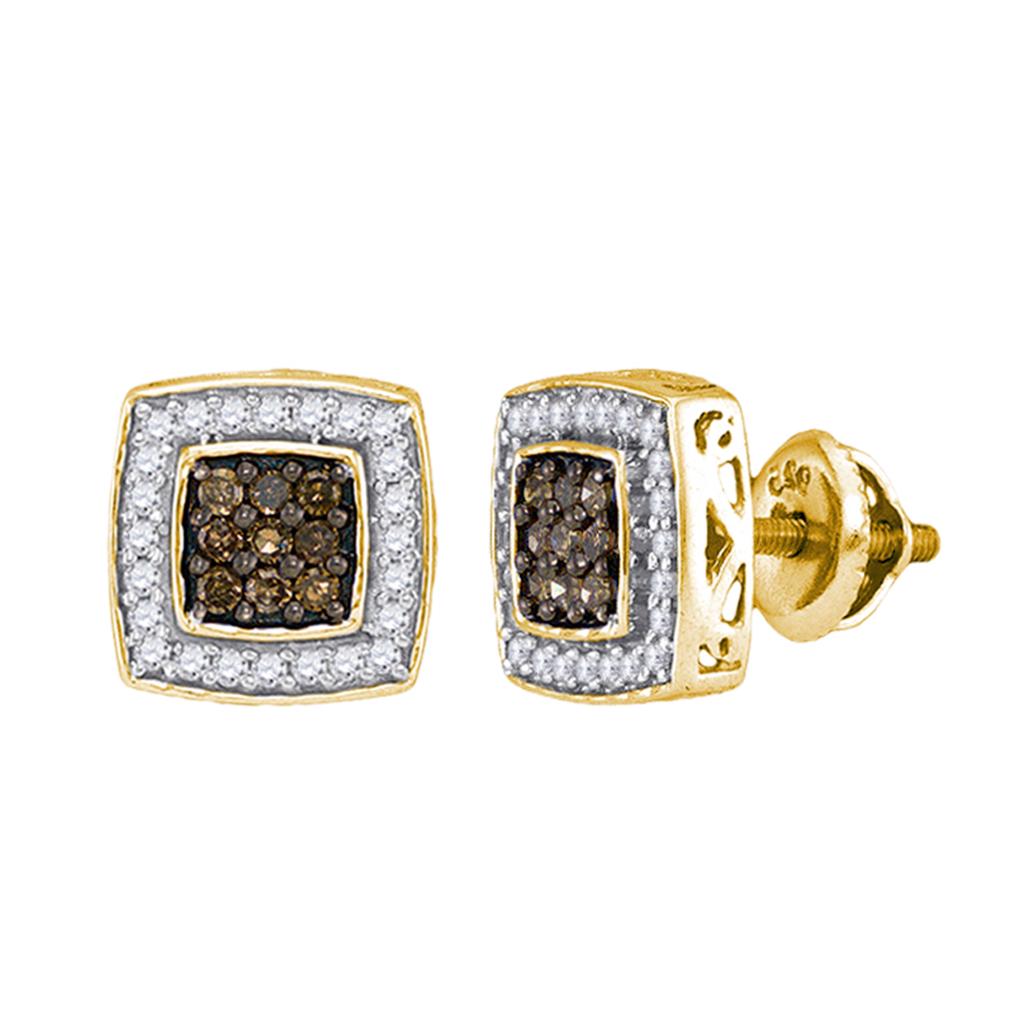 10k Yellow Gold Round Brown Diamond Square Cluster Earrings 1/2 Cttw