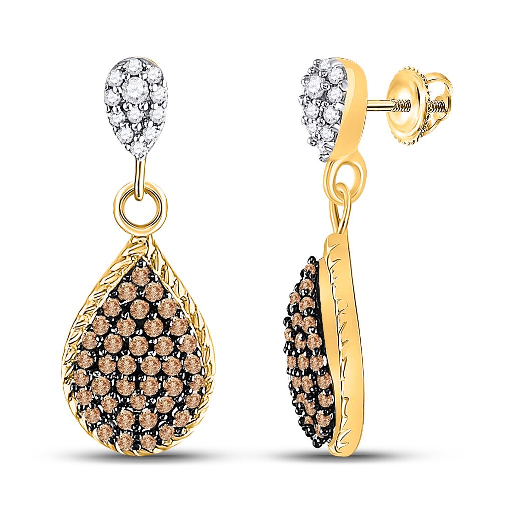 10k Yellow Gold Brown Diamond Teardrop Dangle Earrings 1/2 Cttw