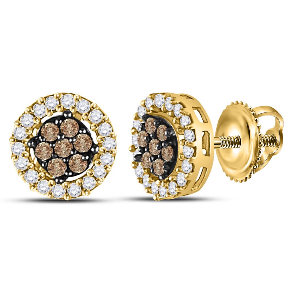 10k Yellow Gold Brown Diamond Flower Cluster Stud Earrings 1/4 Cttw