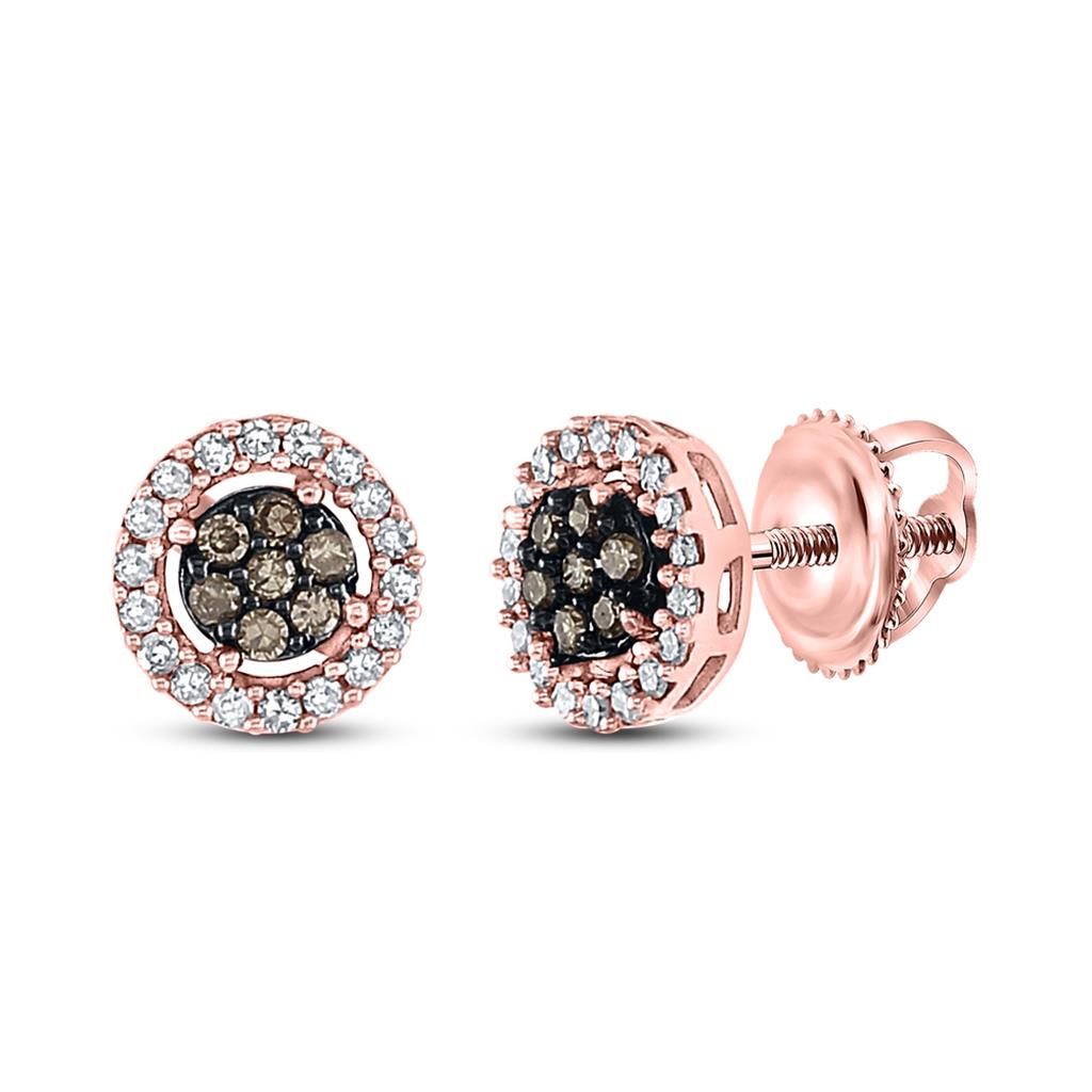 10k Rose Gold Round Brown Diamond Flower Cluster Earrings 1/4 Cttw