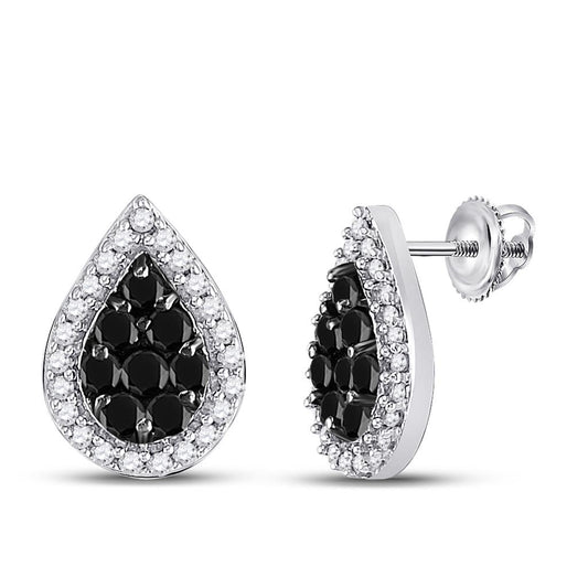 14k White Gold Round Black Diamond Teardrop Earrings 1/2 Cttw