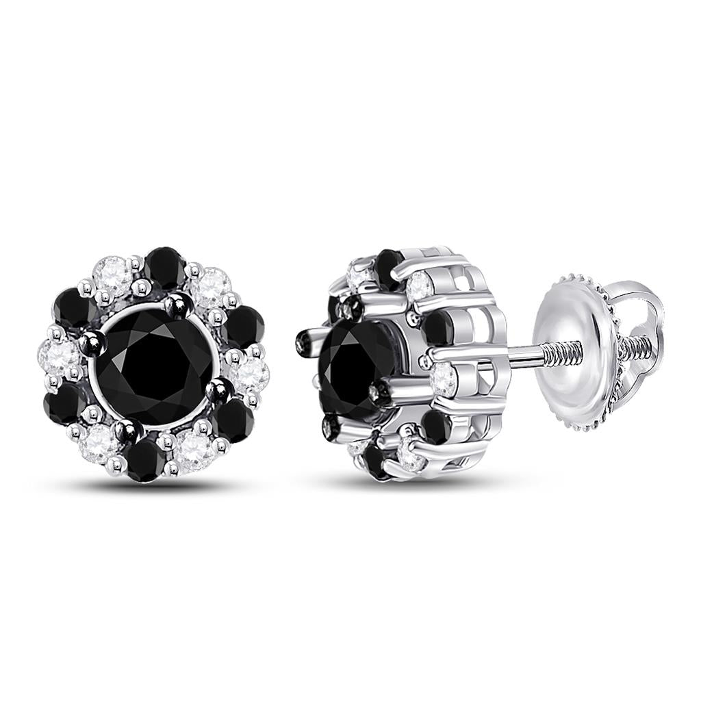 14k White Gold Round Black Diamond Stud Earrings 1 Cttw