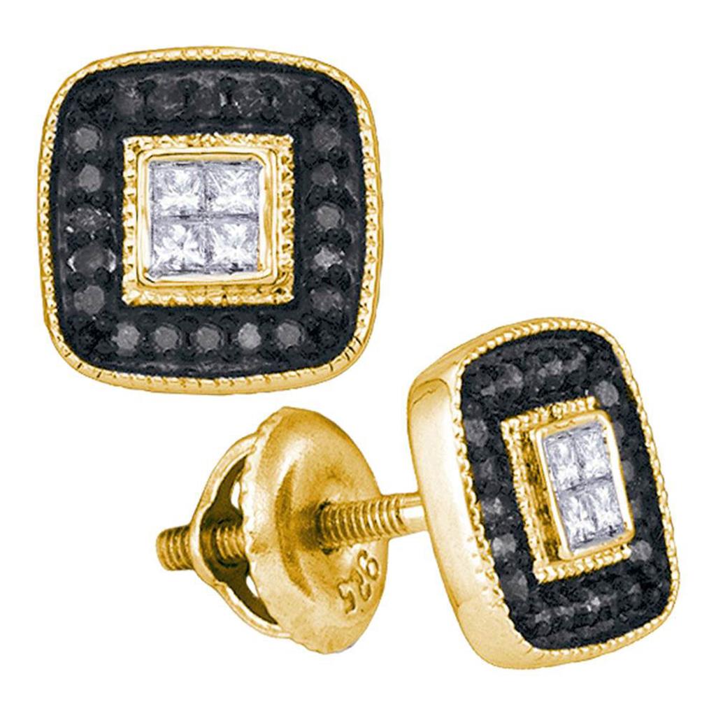 10k Yellow Gold Round Black Diamond Square Cluster Earrings 1/3 Cttw