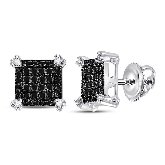 14k White Gold Black Diamond Square Cluster Earrings 1/4 Cttw