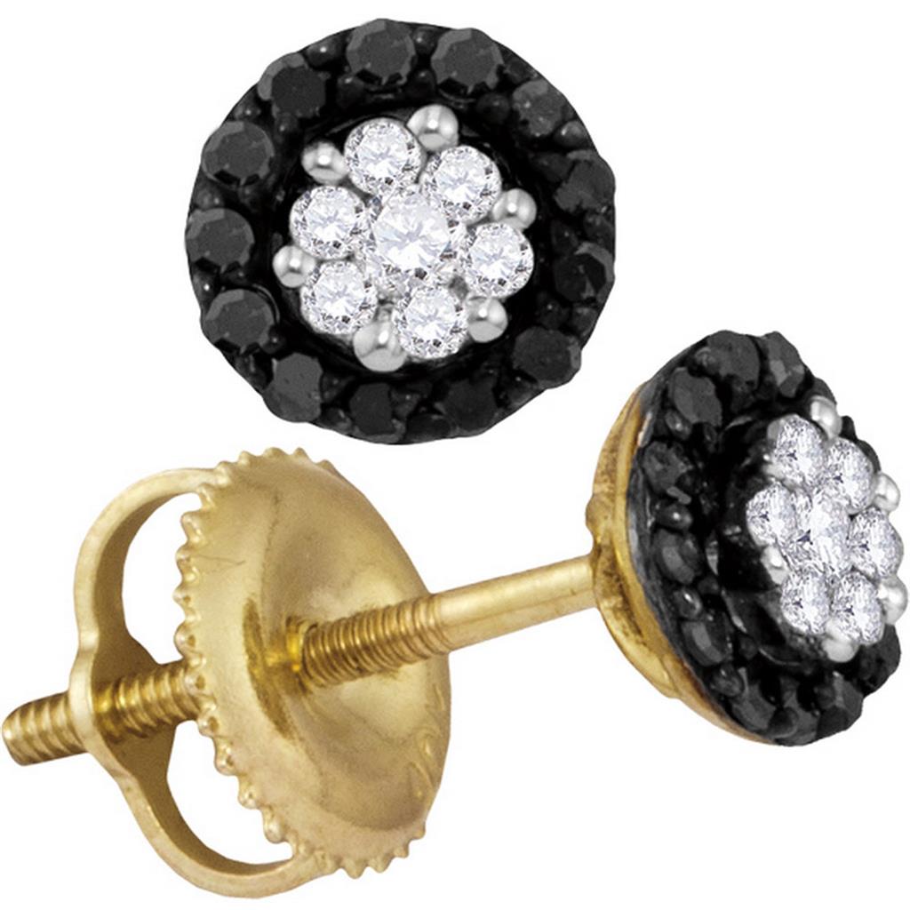 10k Yellow Gold Round Black Diamond Cluster Earrings 1/4 Cttw