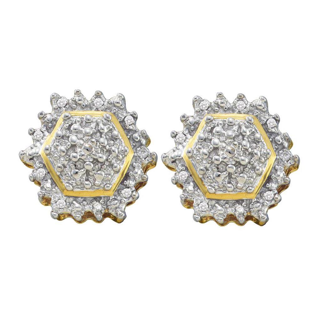 10k Yellow Gold Round Diamond Hexagon Geometric Cluster Earrings 1/10 Cttw