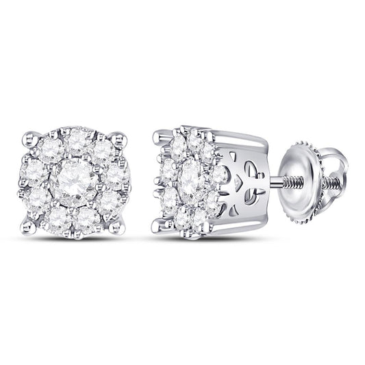 14kt White Gold Round Diamond Cluster Stud Earrings 1 Cttw