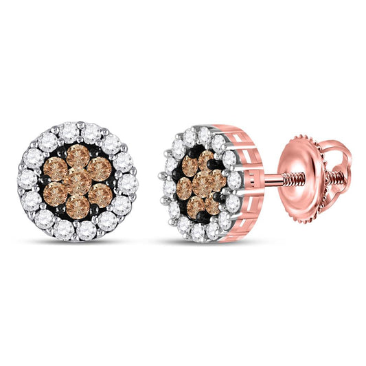 14k Rose Gold Round Brown Diamond Flower Cluster Earrings 1 Cttw