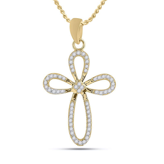 10k Yellow Gold Round Diamond Oblong Cross Outline Pendant 1/5 Cttw