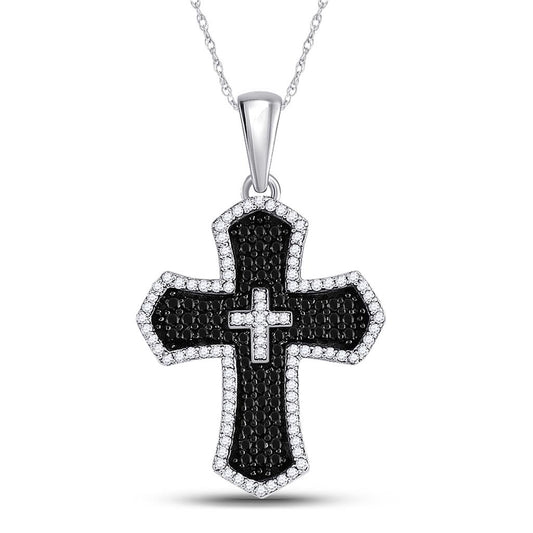 14k White Gold Round Black Diamond Cross Charm Pendant 3/4 Cttw