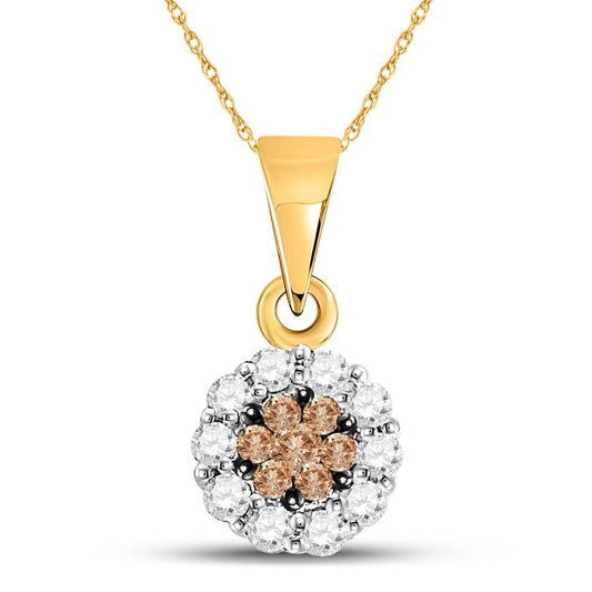 14k Yellow Gold Brown Flower Cluster Diamond Pendant 1/4 Cttw