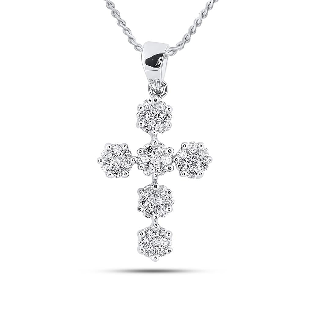 14k White Gold Round Diamond Cluster Cross Religious Pendant 1/2 Cttw