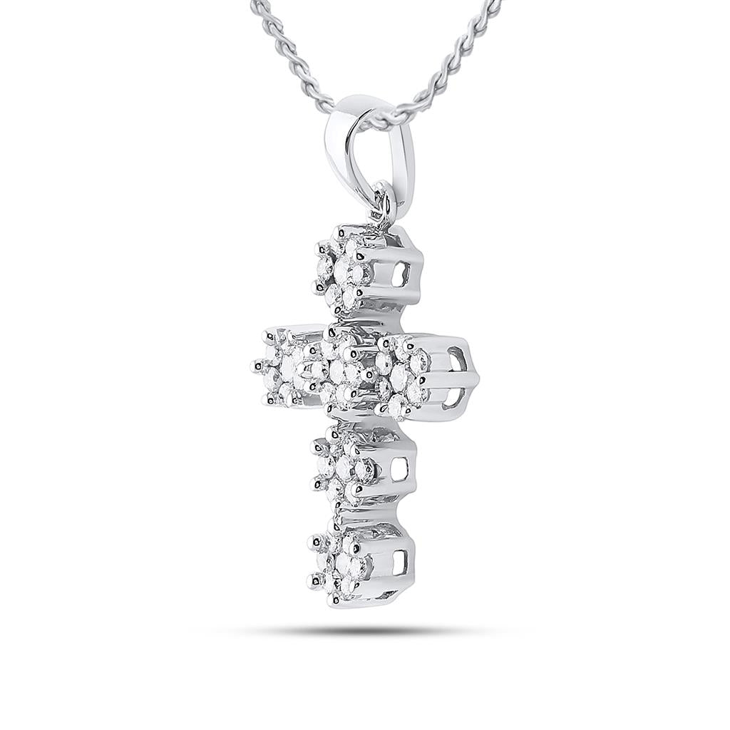 14k White Gold Round Diamond Cluster Cross Religious Pendant 1/2 Cttw