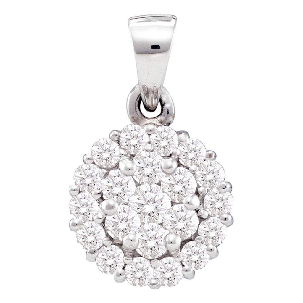 14k White Gold Round Diamond Flower Cluster Pendant 1 Cttw