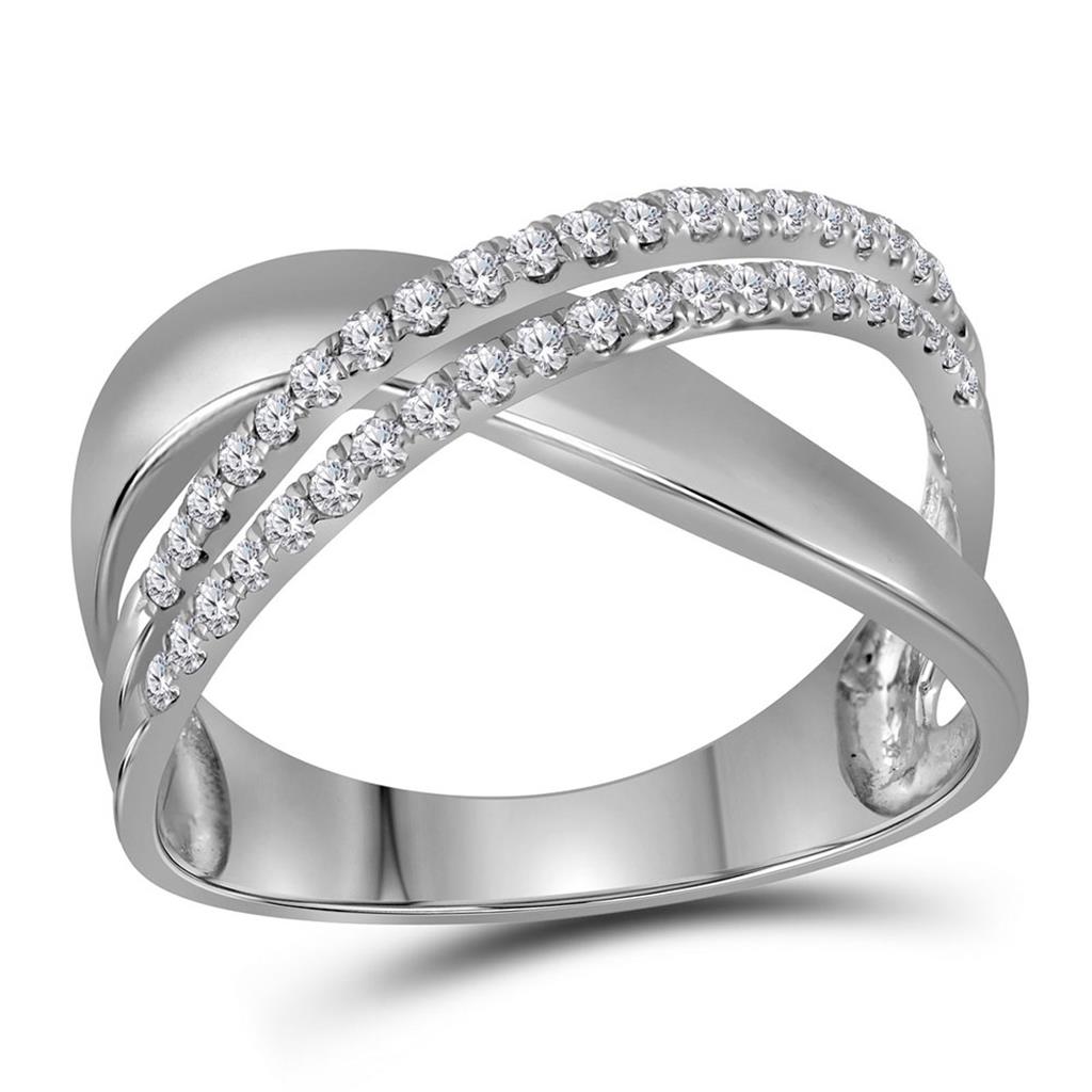 14k White Gold Round Diamond Crossover Band Ring 3/8 Cttw