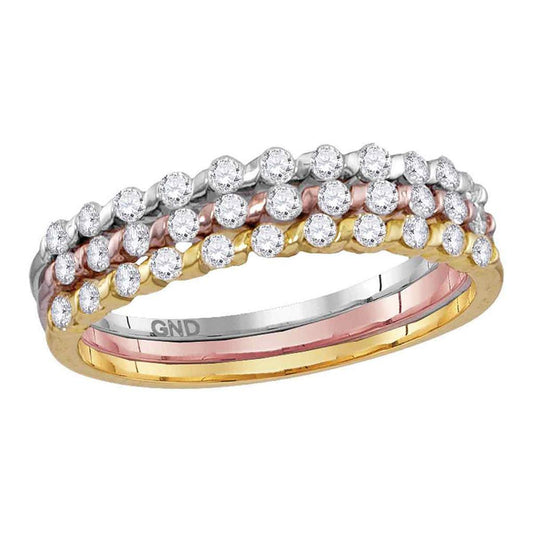 10k Tri-Tone Gold Round Diamond 3-Piece Stackable Band Ring 1/2 Cttw