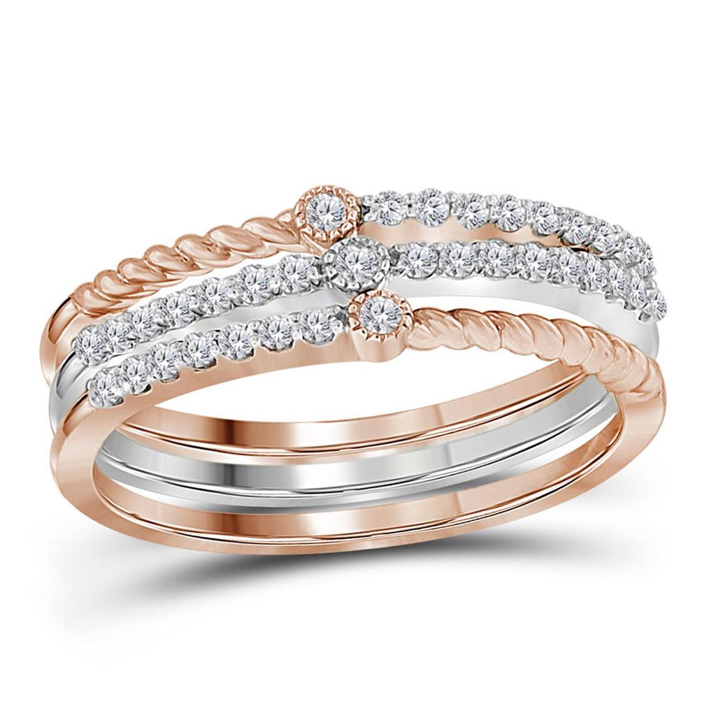 10k Two-tone White Rose Gold Round Diamond Stackable Band Set 1/4 Cttw