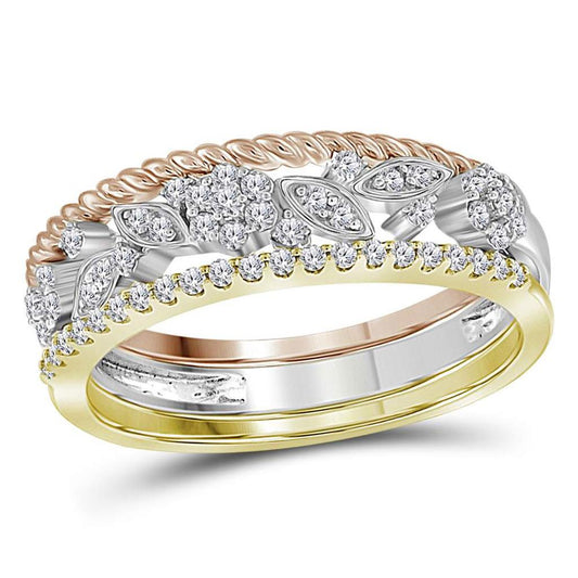 10k Tri-Tone Gold Round Diamond Rope Floral 3-Piece Stackable Band Set 1/4 Cttw