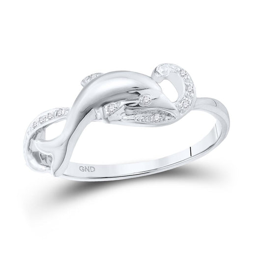 14k White Gold Round Diamond Dolphin Ring 1/20 Cttw