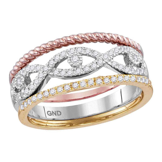 10k Tri-Tone Gold Round Diamond Stackable Rope Band Ring 3-Piece Set 1/3 Cttw