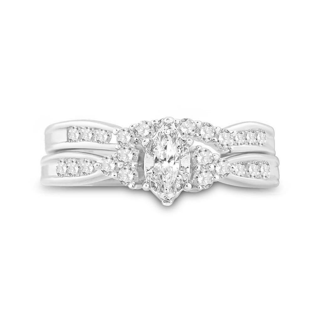 14k White Gold Marquise Diamond Bridal Wedding Ring Set 1/2 Cttw (Certified)